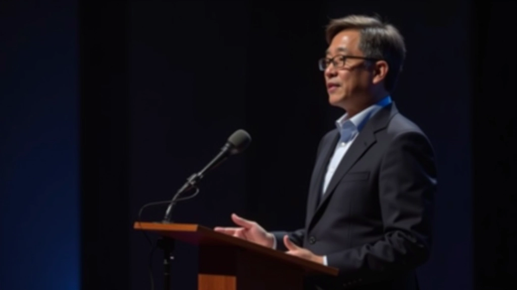 Speaker standing at podium gesturing to engaged audience members taking notes and listening attentively during presentation