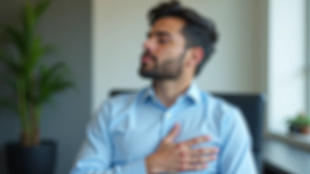 Person sitting calmly with hand on chest demonstrating proper breathing technique with peaceful expression and relaxed shoulders