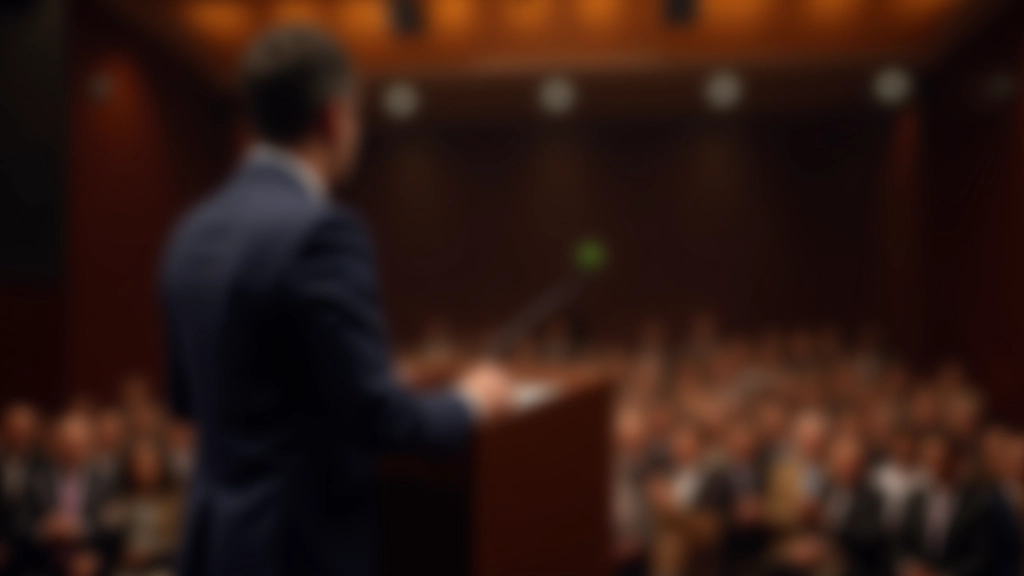 Person standing at podium during presentation with audience visible in soft focus background