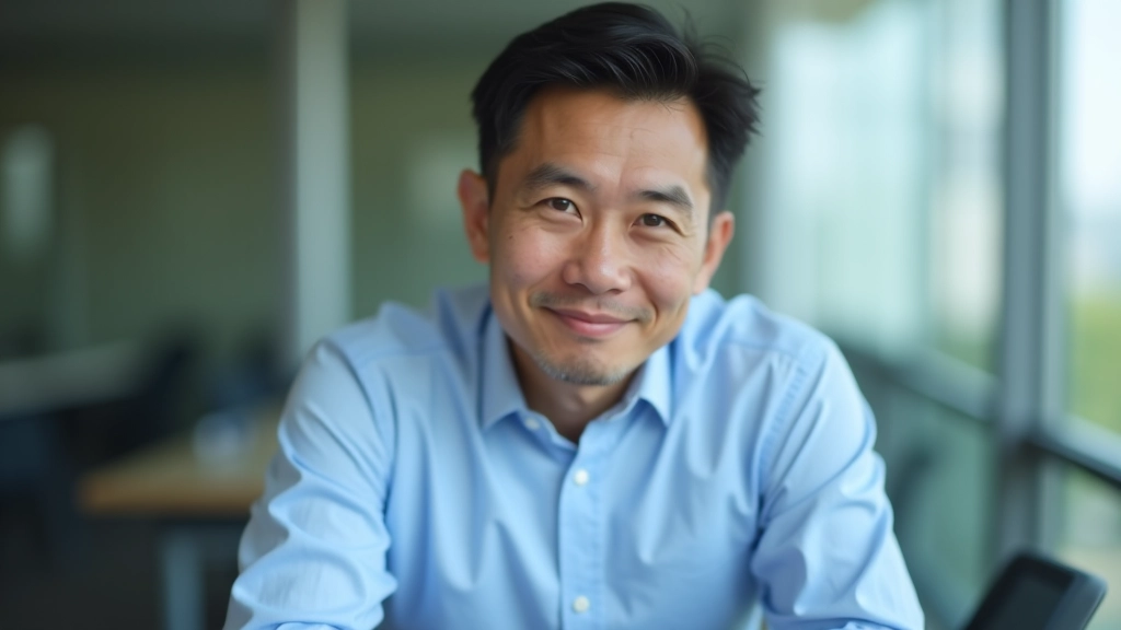 Close-up of person in professional attire, calm expression, hand resting on desk, natural lighting, blurred office background