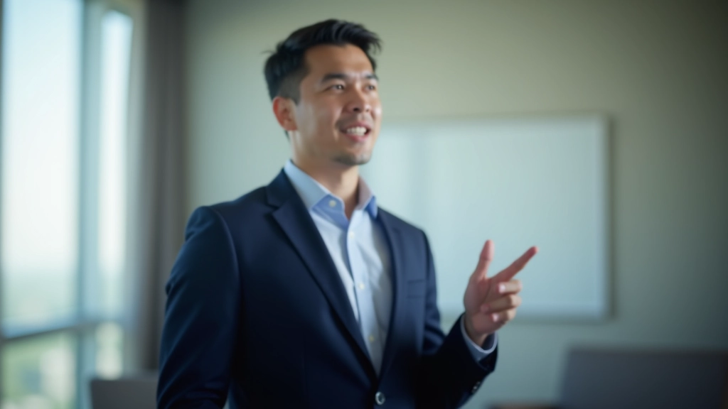 Person practicing presentation with hand gestures, engaged posture, professional setting with large windows