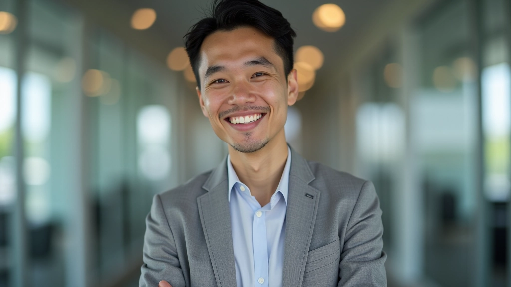 Person with confident smile and energetic posture standing ready before presentation, showing positive mindset expression