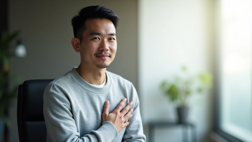 Person in professional setting, deep breathing or centering moment, peaceful expression, morning light from window