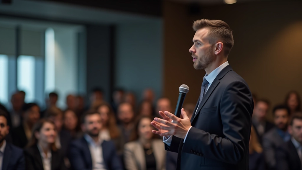 Speaker making eye contact with audience member, showing genuine connection and attentiveness during presentation