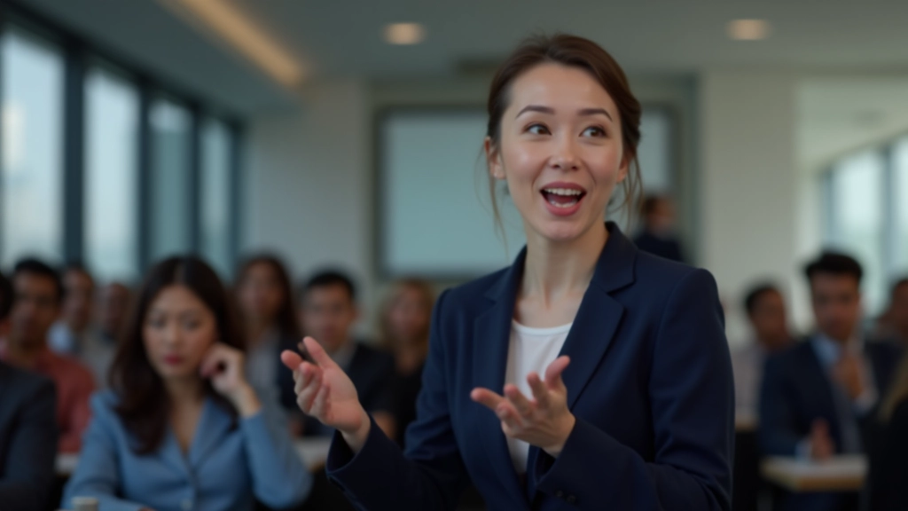 Professional speaker addressing diverse audience in modern conference room with focused attention and engaged attendees