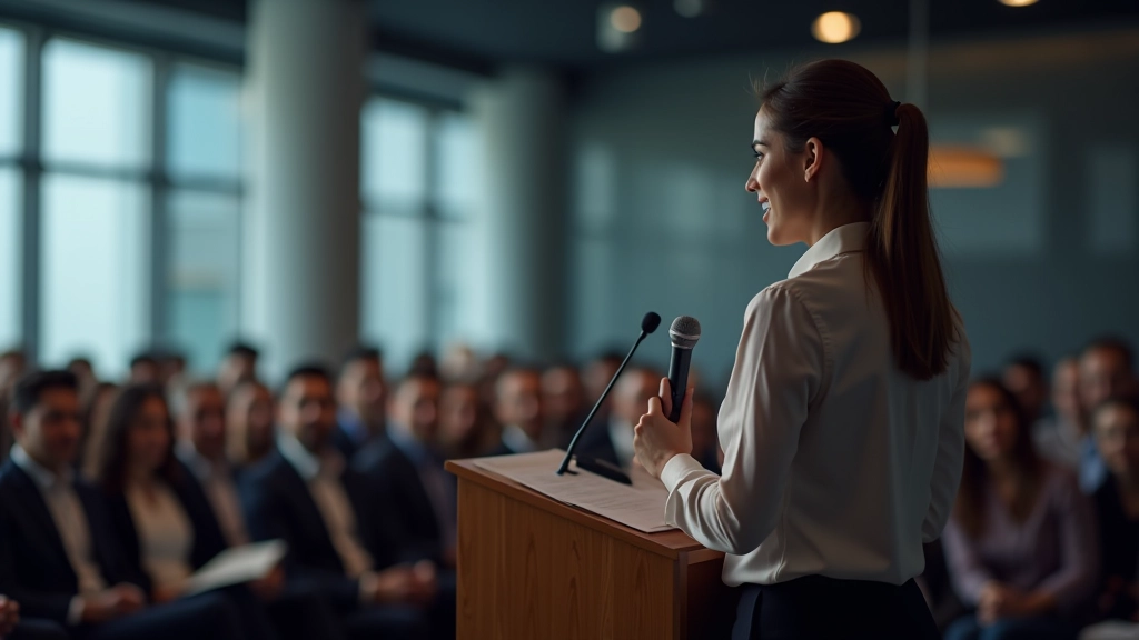 Professional presenter speaking confidently at podium