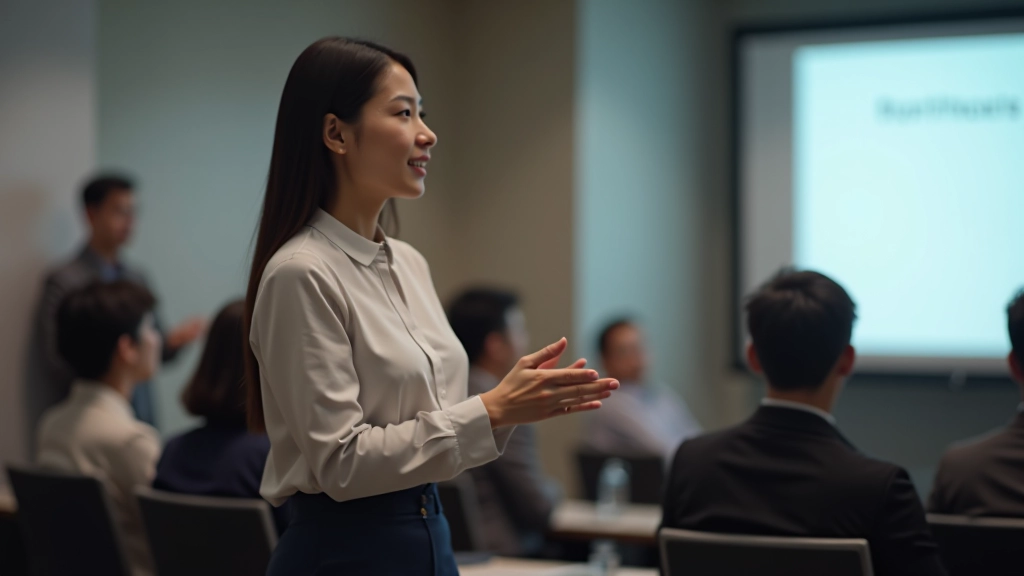Confident professional delivering presentation to engaged audience